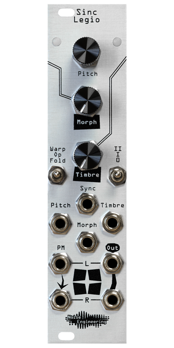 Sinc Legio module in silver. Two LEDs at top with encoder and pots in a column. Two switches below and 8 jacks on bottom. | Noise Engineering