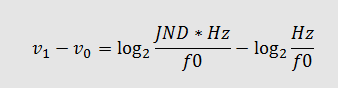 Formula shown in image: v1 - (minus) v0 = log2 JND * Hz (over/divided by) f0 - (minus) log2 Hz (over/divided by) f0