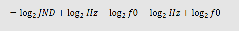 Formula shown in image: = log2JND + (plus) log2 Hz - (minus) log2f0 - (minus) log2 Hz + (plus) log2f0