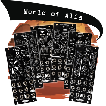 The Alia oscillator platform now has six firmwares to swap between, shown set against a glitchy orange globe