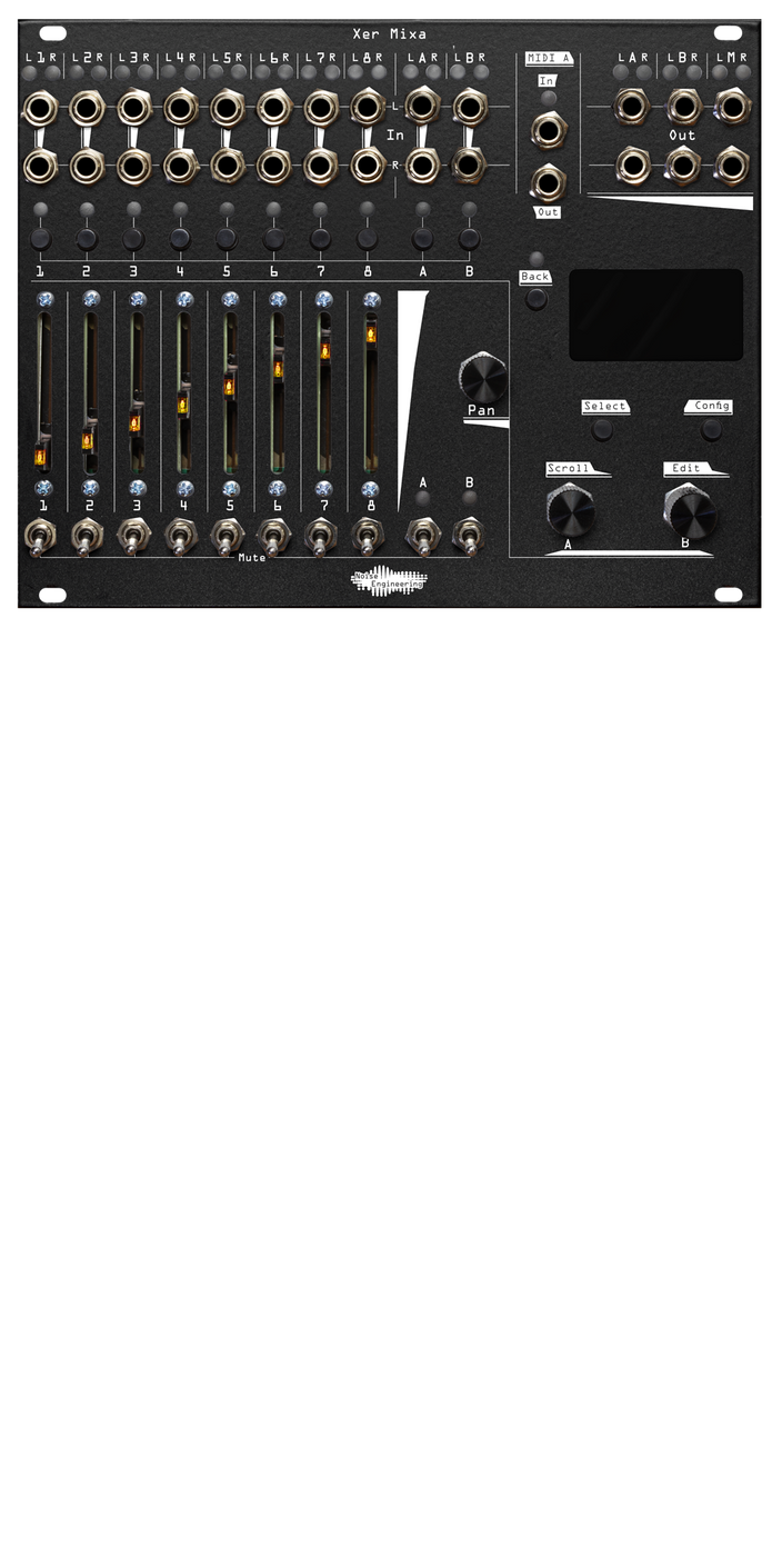 Xer Mixa 32HP mixer in black: 14 stereo pairs of jacks run across the top along with pairs of LEDs.  Below that are momentaries for channel select, sliders for volume, switch mutes, and to the right, encoders and mometaries to control the screen | Noise Engineering