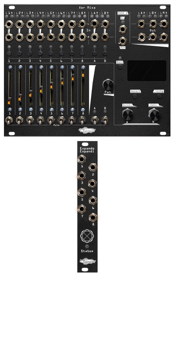 Xer Mixa and Expando Expandi bundle in black: the mixer has 14 stereo pairs of jacks with pairs of LEDs. Below that are momentaries for channel select, sliders for volume, switch mutes, and to the right, encoders and mometaries to control the screen. The mixer dwarfs the 4hp expander which has 8 jacks, a mysterious symbol, and an LED labeled Status. | Noise Engineering