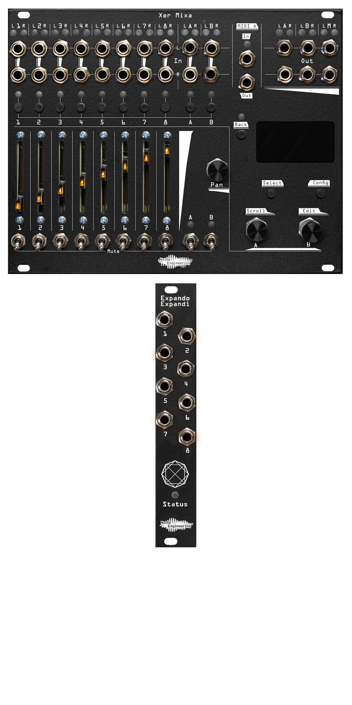 Xer Mixa and Expando Expandi bundle in black: the mixer has 14 stereo pairs of jacks with pairs of LEDs. Below that are momentaries for channel select, sliders for volume, switch mutes, and to the right, encoders and mometaries to control the screen. The mixer dwarfs the 4hp expander which has 8 jacks, a mysterious symbol, and an LED labeled Status. | Noise Engineering