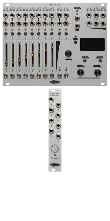 Xer Mixa and Expando Expandi bundle in silver: the mixer has 14 stereo pairs of jacks with pairs of LEDs. Below that are momentaries for channel select, sliders for volume, switch mutes, and to the right, encoders and mometaries to control the screen. The mixer dwarfs the 4hp expander which has 8 jacks, a mysterious symbol, and an LED labeled Status. | Noise Engineering