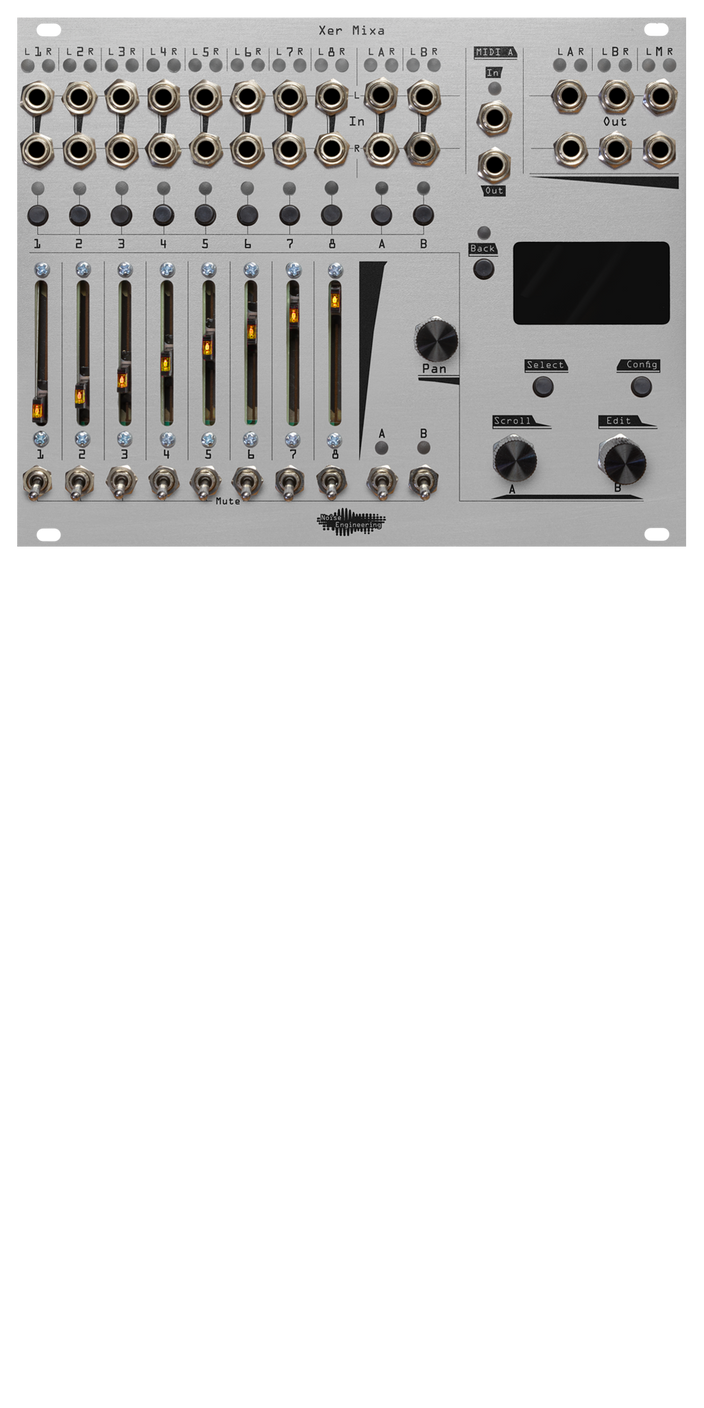 Xer Mixa 32HP mixer in silver: 14 stereo pairs of jacks run across the top along with pairs of LEDs.  Below that are momentaries for channel select, sliders for volume, switch mutes, and to the right, encoders and mometaries to control the screen | Noise Engineering