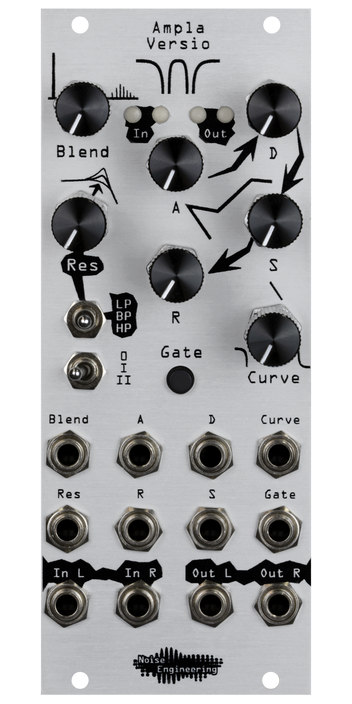 ADSR-controlled VCA and resonant filter gate on a DSP platform in silver | Ampla Versio by Noise Engineering