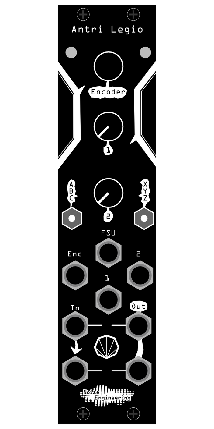 The dynamics processor of your dreams: stereo-in, stereo-out on a DSP/oscillator platform for Eurorack. Shown is the black Antri panel with numbered and lettered parameters, ideal for developing your own firmware, in black. | Librae Legio and the World of Legio by Noise Engineering