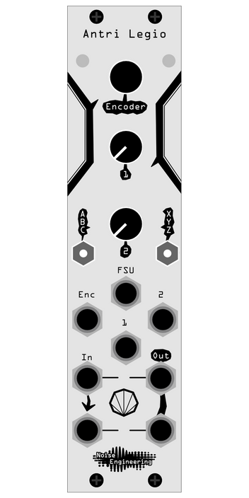 The dynamics processor of your dreams: stereo-in, stereo-out on a DSP/oscillator platform for Eurorack. Shown is the silver Antri panel with numbered and lettered parameters, ideal for developing your own firmware, in black. | Librae Legio and the World of Legio by Noise Engineering