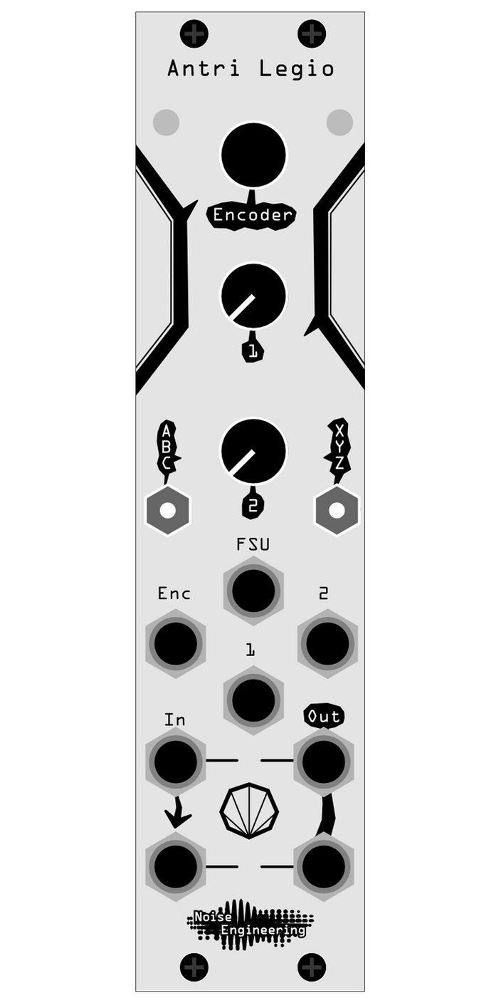 The dynamics processor of your dreams: stereo-in, stereo-out on a DSP/oscillator platform for Eurorack. Shown is the silver Antri panel with numbered and lettered parameters, ideal for developing your own firmware, in black. | Librae Legio and the World of Legio by Noise Engineering