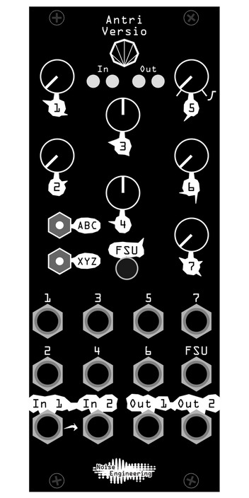 Stereo-in, stereo-out synthetic-tail generator reverb and DSP platform for Eurorack. Image shows Antri faceplate in black which has all parameters numbered, generally preferred for users developing their own firmwares. | Polydactyl Versio by Noise Engineering