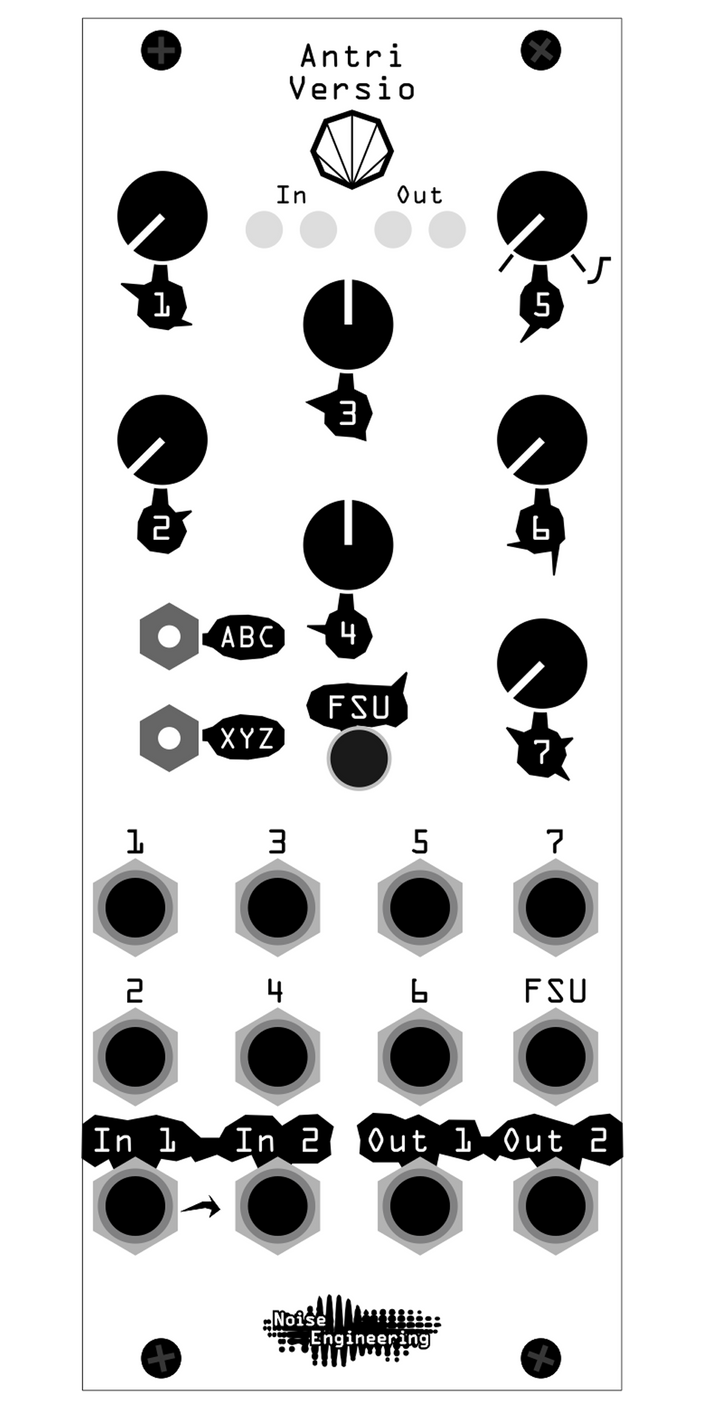 Stereo-in, stereo-out synthetic-tail generator reverb and DSP platform for Eurorack. Image shows Antri faceplate in silver which has all parameters numbered, generally preferred for users developing their own firmwares. | Desmodus Versio by Noise Engineering