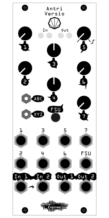 Stereo-in, stereo-out 12-tap multimode delay with clock sync and tap tempo plus DSP platform for Eurorack. Shown is Antri Versio numbered panel used primarily by people creating their own firmwares, here in silver | Versio by Noise Engineering