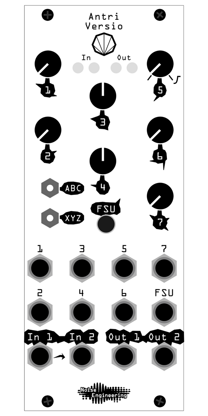 Stereo-in, stereo-out 12-tap multimode delay with clock sync and tap tempo plus DSP platform for Eurorack. Shown is Antri Versio numbered panel used primarily by people creating their own firmwares, here in silver | Versio by Noise Engineering