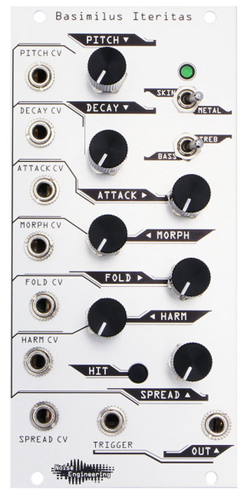 A digital drum synthesizer with its roots in the analog world in silver | Basimilus Iteritas by Noise Engineering