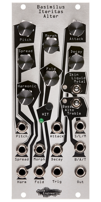 A parameterized digital drum synthesizer with its roots in the analog world in silver | Basimilus Iteritas Alter by Noise Engineering
