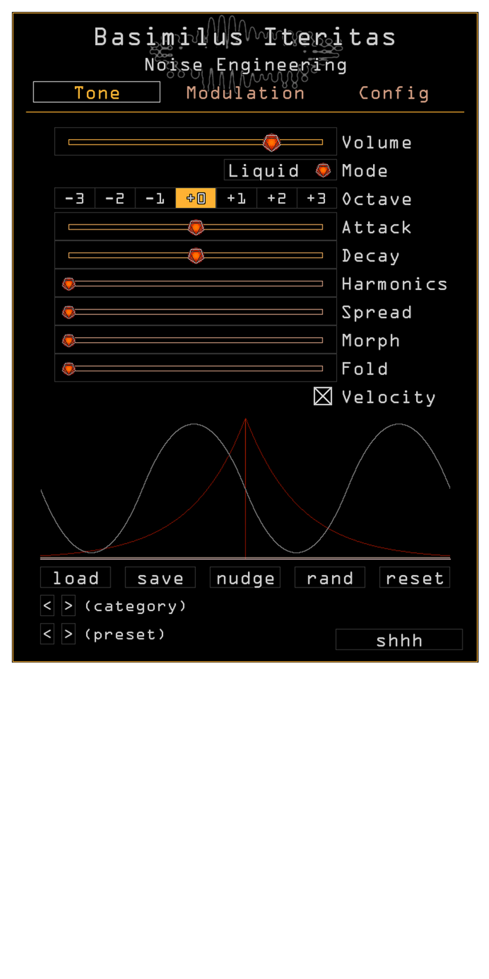 Basimilus Iteritas plugin for VST, AU, and AAX in Orange. On the Tone page are main parameters that set the timbre of the synth. Presets are also controlled here. | Noise Engineering