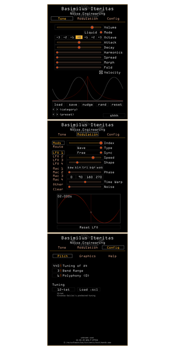 Basimilus Iteritas plugin for VST, AU, and AAX in Orange. On the Tone page are main parameters that set the timbre of the synth. Presets are also controlled here. The Modulation page showing parameters for LFO1. The Configuration page for the Pitch setting is also shown. Here you can load scala files and set the tuning, polyphony, and bend range. | Noise Engineering