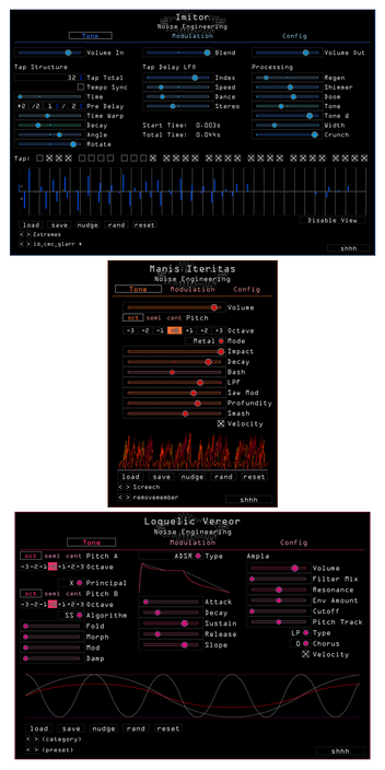 Plugin Bundle 2 for VST, AU, and AAX includes Manis Iteritas, Loquelic Vereor, and Imitor. The Tone page is shown for each plugin. | Noise Engineering