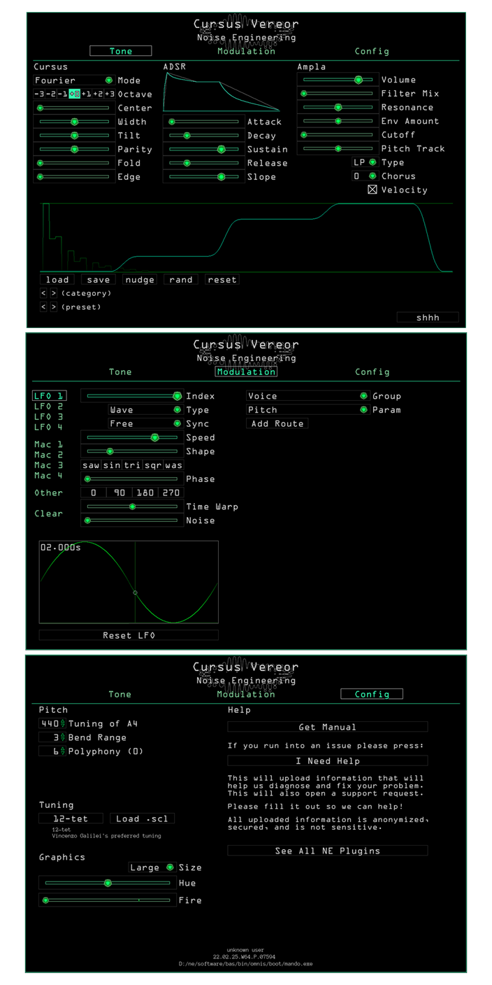 Cursus Vereor plugin for VST, AU, and AAX in Green. The tone page shows the main parameters that set the timbre of the synth. Presets are also controlled here. The Modulation page shows modulation and routing parameters for LFO1. The Configuration page lets you load scala files, set the tuning, polyphony, and bend range, update your graphics preferences (color and fire), and get help and manuals. | Noise Engineering