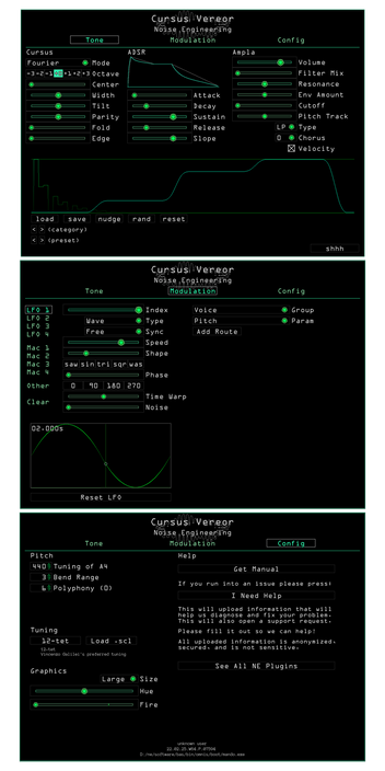 Cursus Vereor plugin for VST, AU, and AAX in Green. The tone page shows the main parameters that set the timbre of the synth. Presets are also controlled here. The Modulation page shows modulation and routing parameters for LFO1. The Configuration page lets you load scala files, set the tuning, polyphony, and bend range, update your graphics preferences (color and fire), and get help and manuals. | Noise Engineering