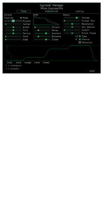 Cursus Vereor plugin for VST, AU, and AAX in Green. The tone page shows the main parameters that set the timbre of the synth. Presets are also controlled here. | Noise Engineering