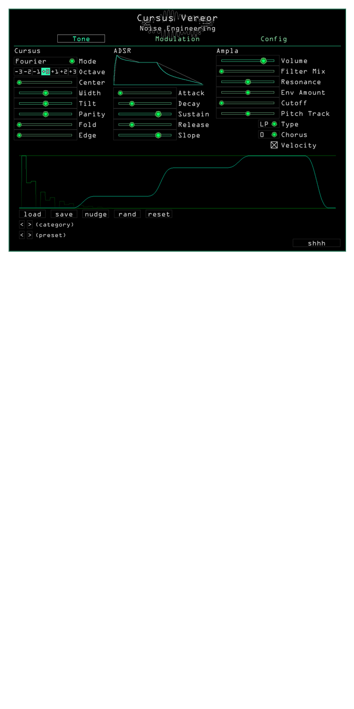 Cursus Vereor plugin for VST, AU, and AAX in Green. The tone page shows the main parameters that set the timbre of the synth. Presets are also controlled here. | Noise Engineering