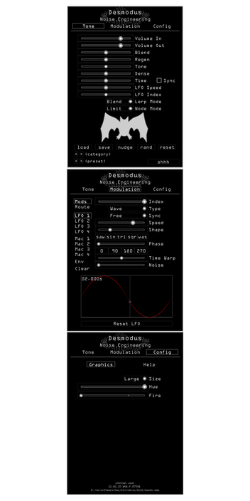 Desmodus plugin for VST, AU, and AAX in white. On the Tone page are main parameters that set the sound of the reverb. Presets are also controlled here. An upright large bat at the bottom signifies that sync mode is off. The Modulation page shows modulation and routing parameters for LFO1. On the Configuration page set the size and update your graphics preferences (color and fire) here or click the help tab to get help and manuals. | Noise Engineering