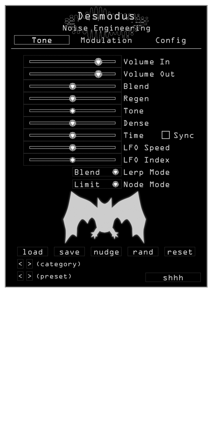 Desmodus plugin for VST, AU, and AAX in white. On the Tone page are main parameters that set the sound of the reverb. Presets are also controlled here. An upright large bat at the bottom signifies that sync mode is off. | Noise Engineering