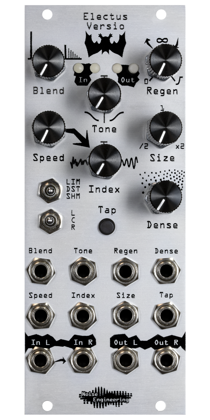 Clocked reverb/delay for stereo-in, stereo-out DSP platform in silver | Electus Versio by Noise Engineering