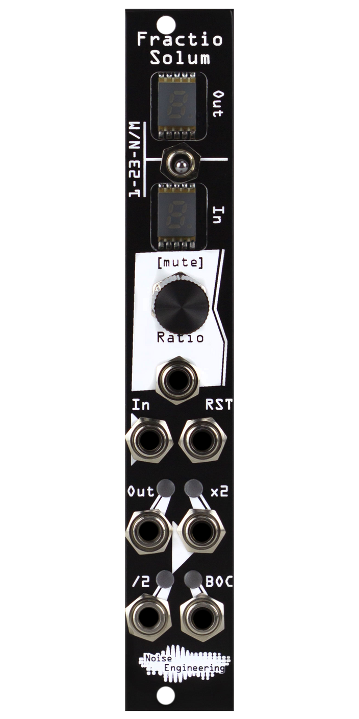 Polyrhythmic voltage-controlled clock divider and multiplier for Eurorack in black. Module has two 7-seg screens, a switch, encoder, and six jacks. | Fractio Solum by Noise Engineering