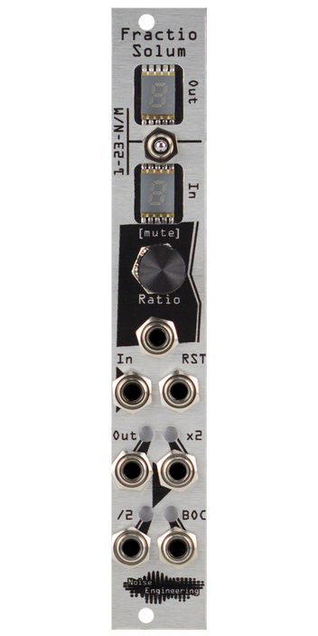 Polyrhythmic voltage-controlled clock divider and multiplier for Eurorack in silver. Module has two 7-seg screens, a switch, encoder, and six jacks. | Fractio Solum by Noise Engineering