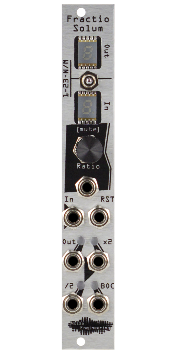 Polyrhythmic voltage-controlled clock divider and multiplier for Eurorack in silver. Module has two 7-seg screens, a switch, encoder, and six jacks. | Fractio Solum by Noise Engineering