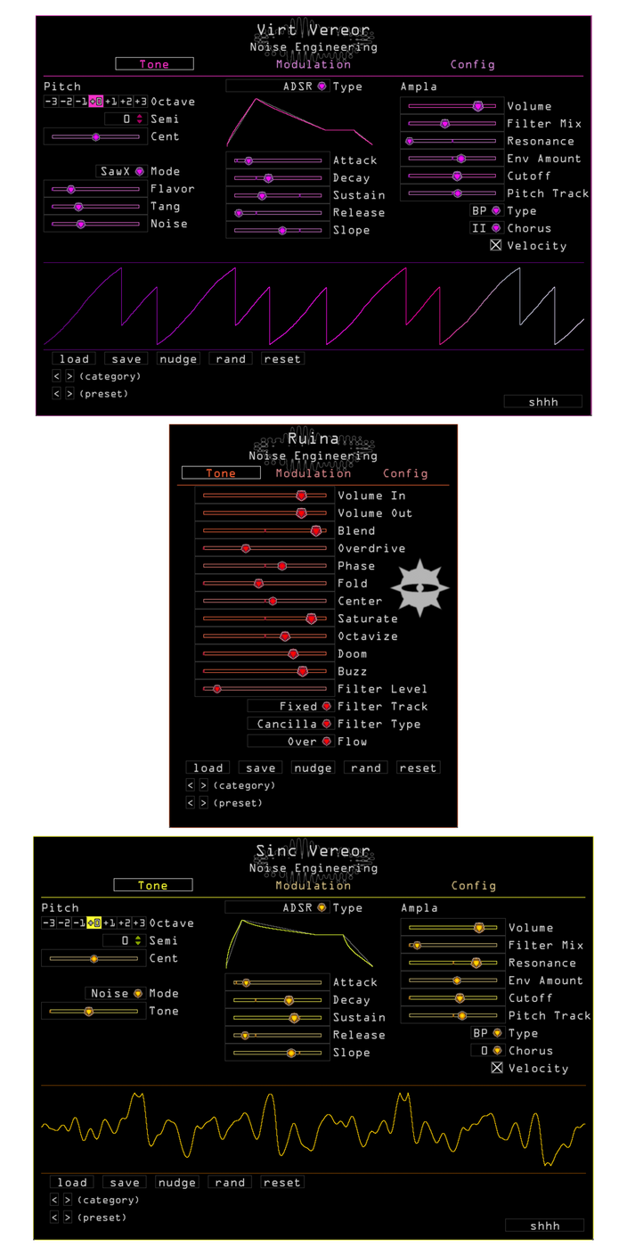 Ruina Tone page in Red. Set Volumes, wet/dry blend, and distortion levels here. Sinc Vereor synth plugin Tone page in yellow. Configure tonal parameters for the synth here. Virt Vereor Tone page in Purple. Configure tonal parameters for the synth here. | Noise Engineering