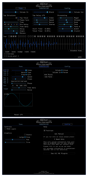 Imitor plugin for VST, AU, and AAX in blue. On the Tone page are main parameters that set the sound of the delay. Presets are also controlled here. The Modulation page shows modulation and routing parameters for LFO1. On the Configuration page set the size and update your graphics preferences (color and fire) here or click the help tab to get help and manuals. | Noise Engineering