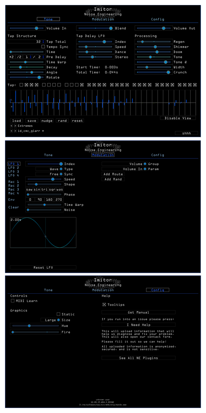 Imitor plugin for VST, AU, and AAX in blue. On the Tone page are main parameters that set the sound of the delay. Presets are also controlled here. The Modulation page shows modulation and routing parameters for LFO1. On the Configuration page set the size and update your graphics preferences (color and fire) here or click the help tab to get help and manuals. | Noise Engineering