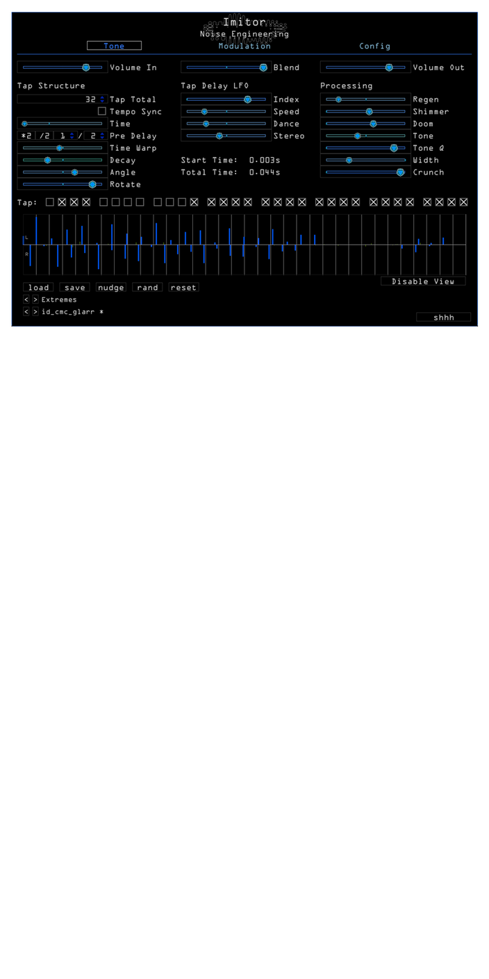 Imitor plugin for VST, AU, and AAX in blue. On the Tone page are main parameters that set the sound of the delay. Presets are also controlled here. | Noise Engineering