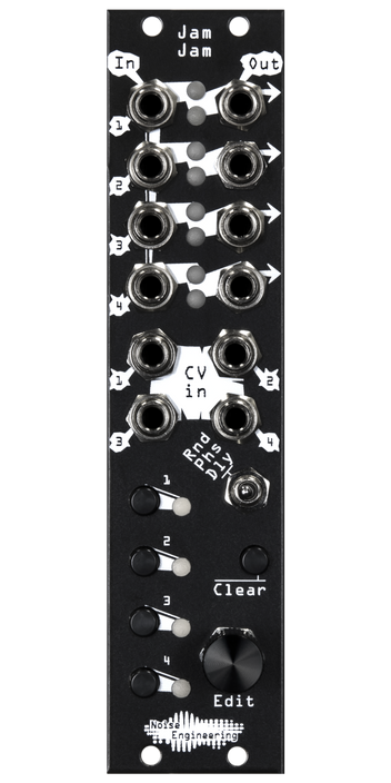 Four-channel trigger/gate/clock processor with three modes for Eurorack in black | Jam Jam by Noise Engineering