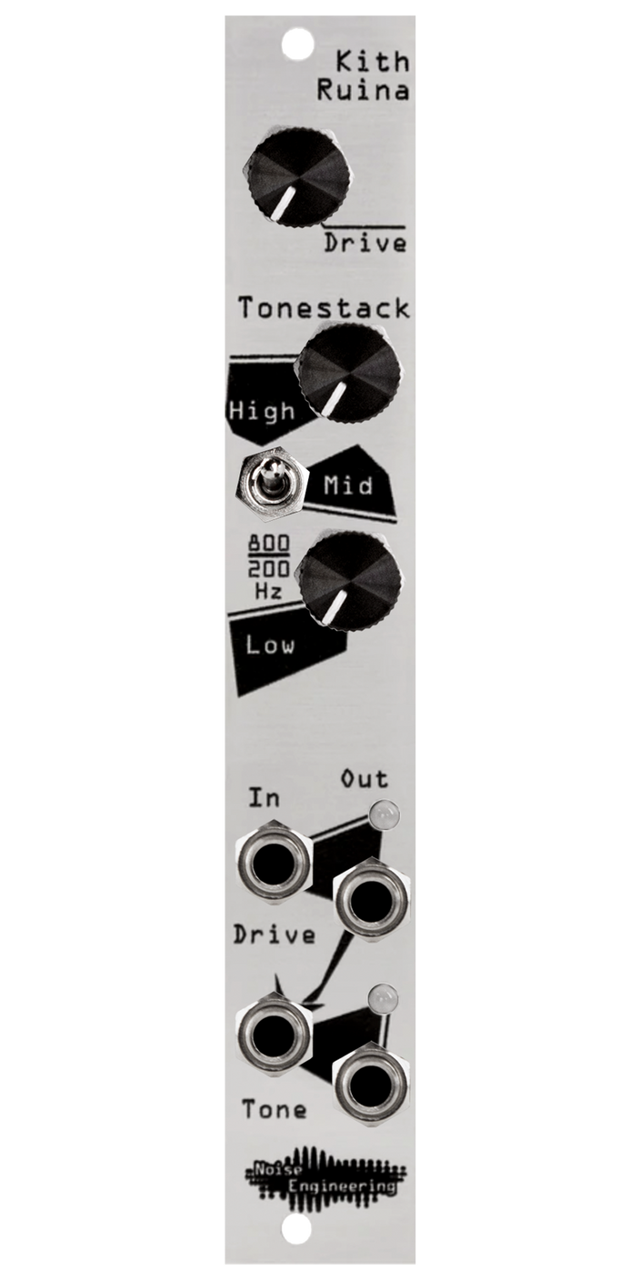 One-knob saturation/drive circuit and a clean two-band EQ distortion for Eurorack in silver | Kith Ruina by Noise Engineering