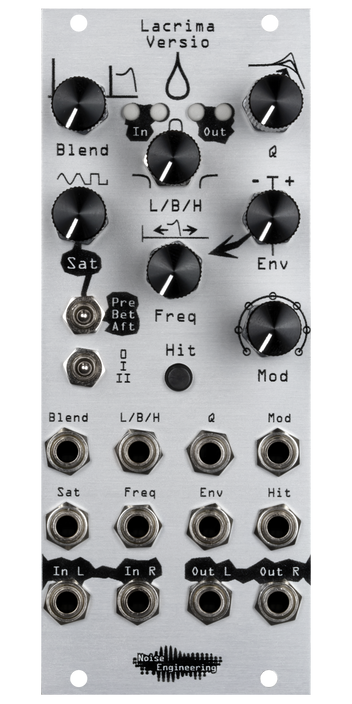 Autowah from hell on a stereo-in, stereo-out DSP platform for Eurorack in silver | Lacrima Versio by Noise Engineering