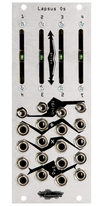 Four-channel performance attenuverter/attenuator with faders and offset for Eurorack in silver | Lapsus Os by Noise Engineering