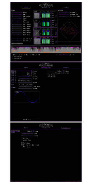 Librae plugin showing each main screen. The Tone page has a lot going on with monitoring and controls. Modulation controls LFOs and Macros. There is also a config page | Noise Engineering