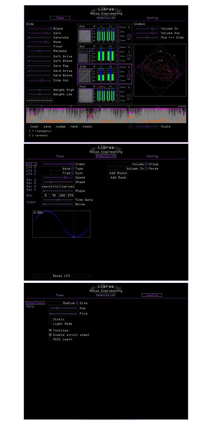 Librae plugin showing each main screen. The Tone page has a lot going on with monitoring and controls. Modulation controls LFOs and Macros. There is also a config page | Noise Engineering