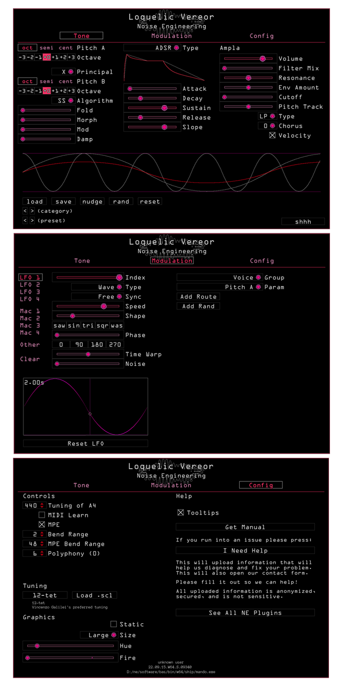 Loquelic Vereor in Pink. The tone page shows the main parameters that set the timbre of the synth. Presets are also controlled here. The Modulation page shows modulation and routing parameters for LFO1. The Configuration page lets you load scala files, set the tuning, polyphony, and bend range, update your graphics preferences (color and fire), and get help and manuals. | Noise Engineering