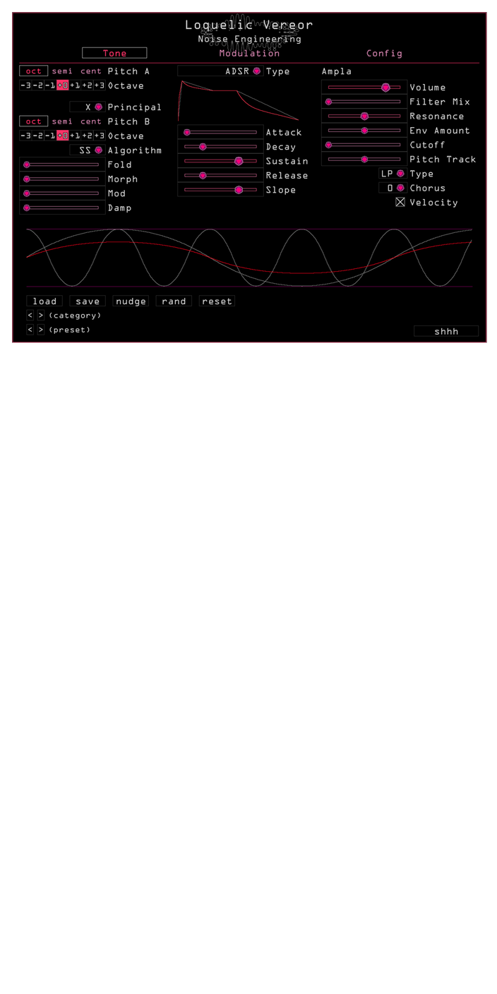 Loquelic Vereor in Pink. The tone page shows the main parameters that set the timbre of the synth. Presets are also controlled here. | Noise Engineering