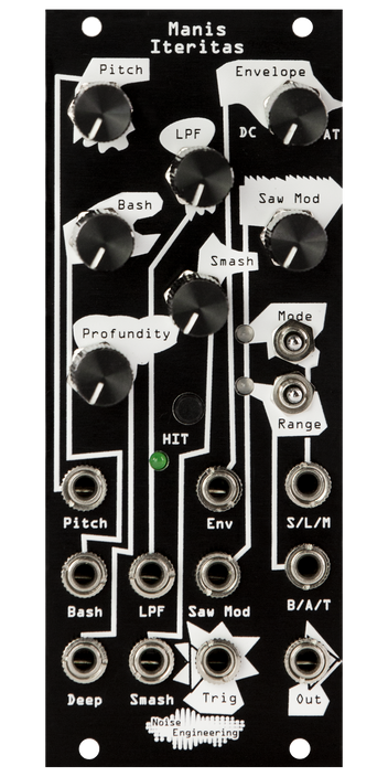 Black Eurorack module with stylized industrial art connecting LEDs, knobs, and switches on the top and jacks on the bottom. | Manis Iteritas by Noise Engineering