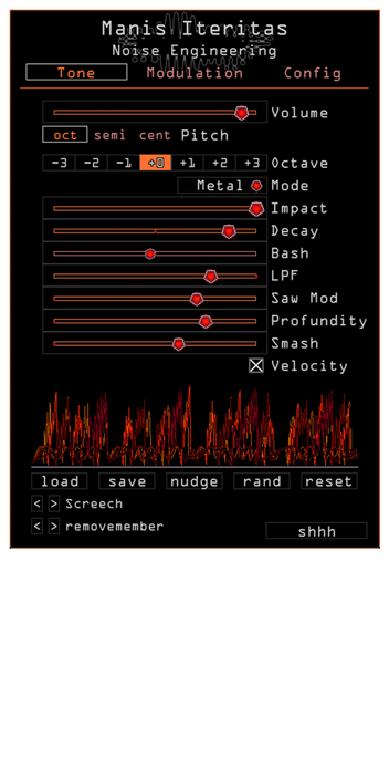 Manis Iteritas for VST, AU, and AAX in Orange. On the Tone page are main parameters that set the timbre of the synth. Presets are also controlled here. | Noise Engineering