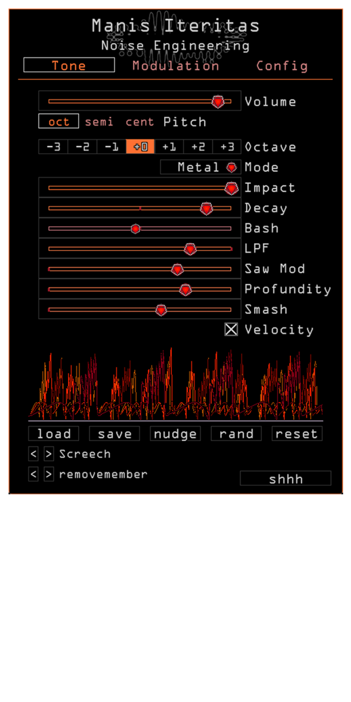 Manis Iteritas for VST, AU, and AAX in Orange. On the Tone page are main parameters that set the timbre of the synth. Presets are also controlled here. | Noise Engineering