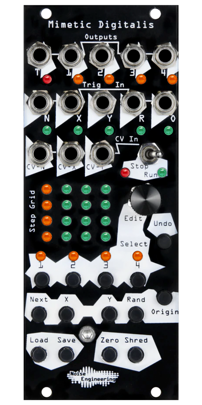 Mimetic Digitalis 4-channel performance sequencer with black panel. MD also has trigger out, Cartesian, random and reset inputs and performance controls. | Noise Engineering
