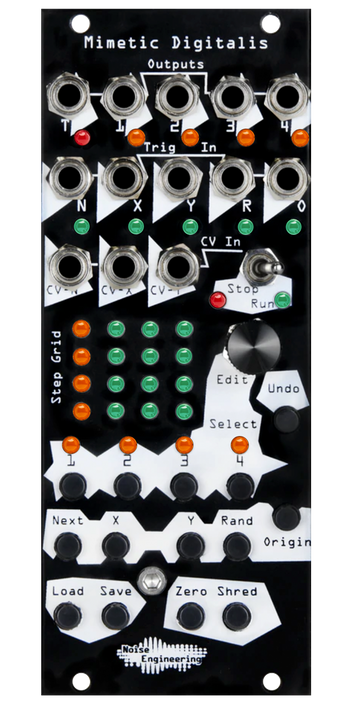 Mimetic Digitalis 4-channel performance sequencer with black panel. MD also has trigger out, Cartesian, random and reset inputs and performance controls. | Noise Engineering