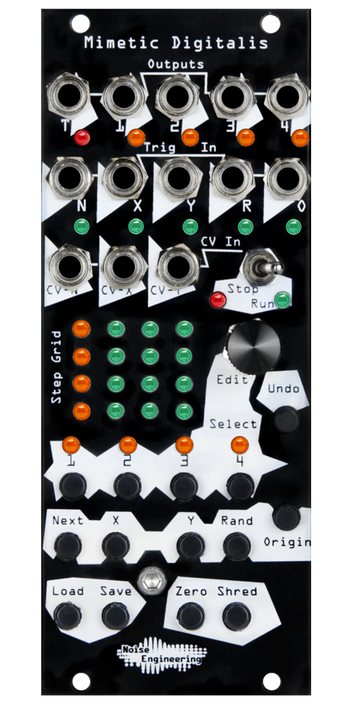 Mimetic Digitalis wearing a replacement black panel. Jacks are at the top, momentaries at the bottom with a knob and switch in the middle. There are LEDs all over this thing. It is one giant Vegas mode. LEDs for days. All the blinkin lights. | Noise Engineering